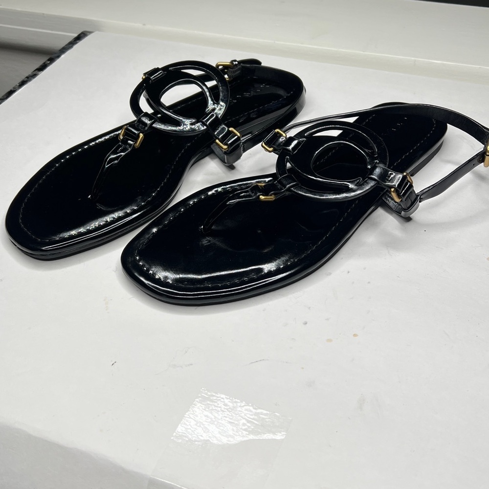 Coach Jeri 8.5 Black Patent Leather Thong Flat Sandals Adjustable Strap - Picture 2 of 11